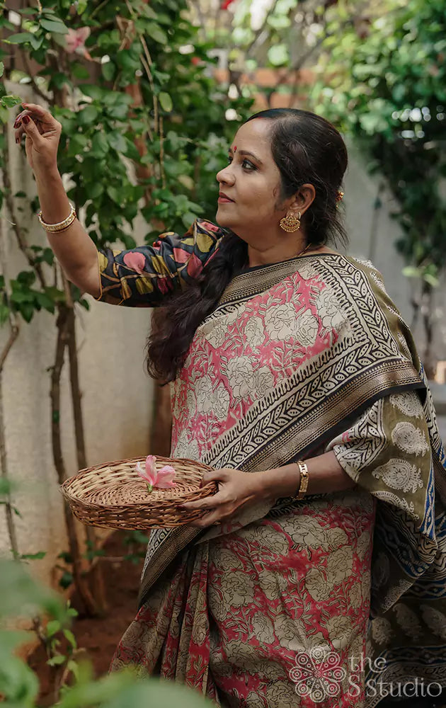 Rose maheshwari cotton silk saree with black border