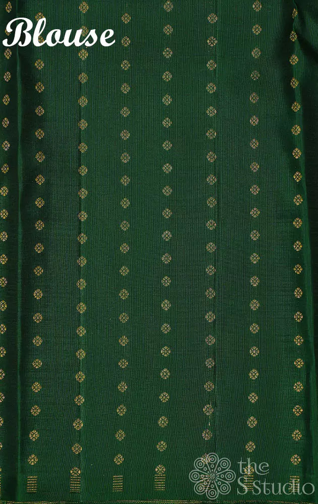 Elachi green kanchi silk saree with zari parallel lines on the body and a contrast green pallu