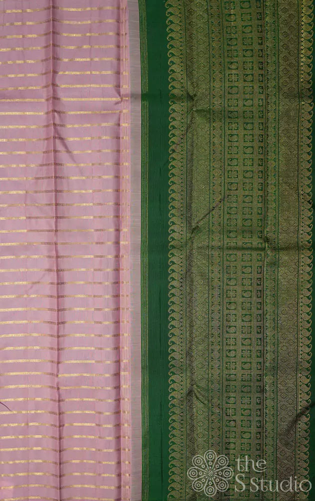 Onion pink kanchi silk saree with zari parallel lines on the body and a contrast green pallu