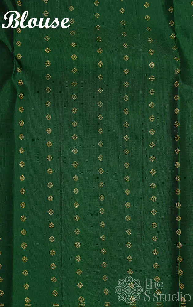 Onion pink kanchi silk saree with zari parallel lines on the body and a contrast green pallu