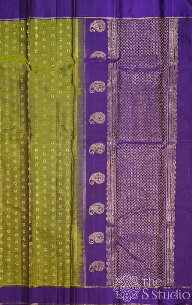 Chutney green kanjivaram saree with violet border and pallu