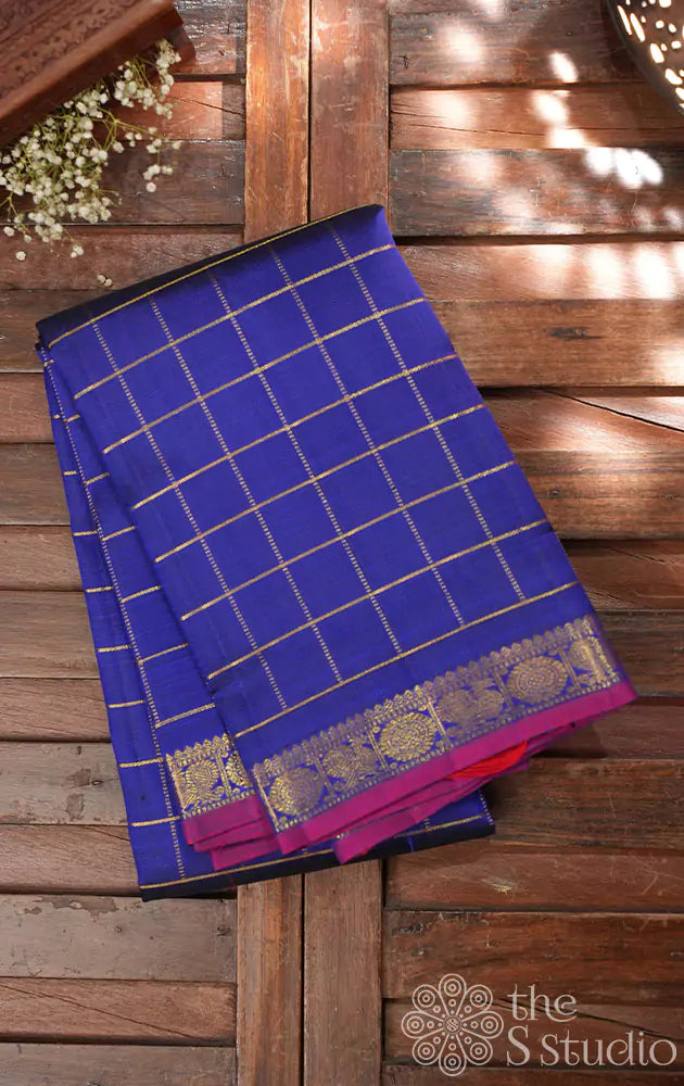 Royal blue zari checked kanchi silk saree with small border