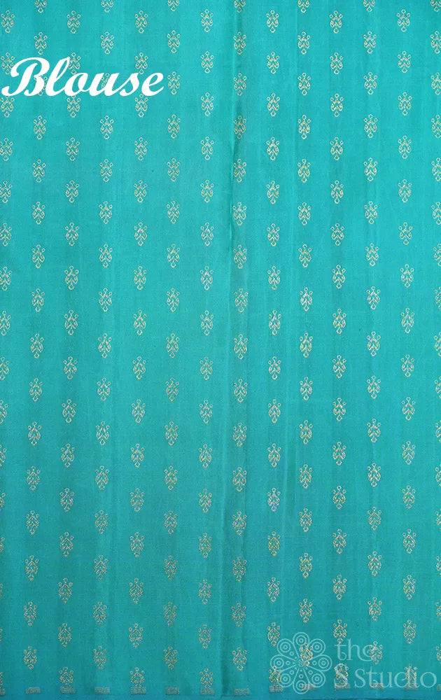 Mustard and aqua blue hand painted kanchipuram silk saree with party pallu