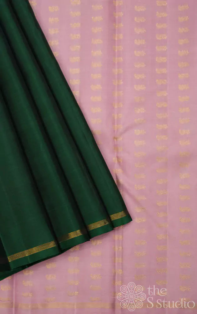 Bottle green plain kanchi silk saree with pink pallu