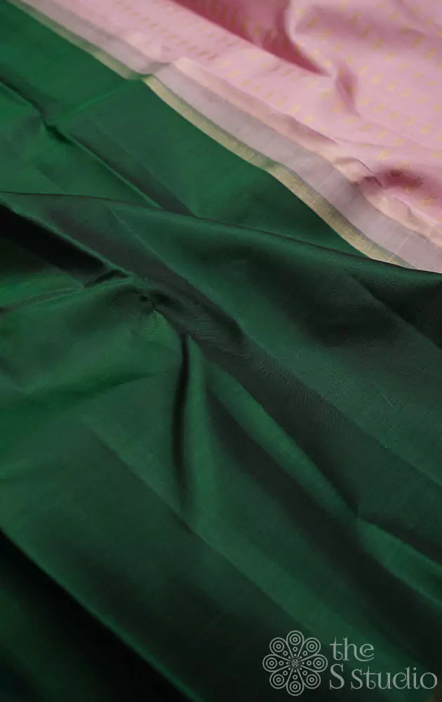 Bottle green plain kanchi silk saree with pink pallu