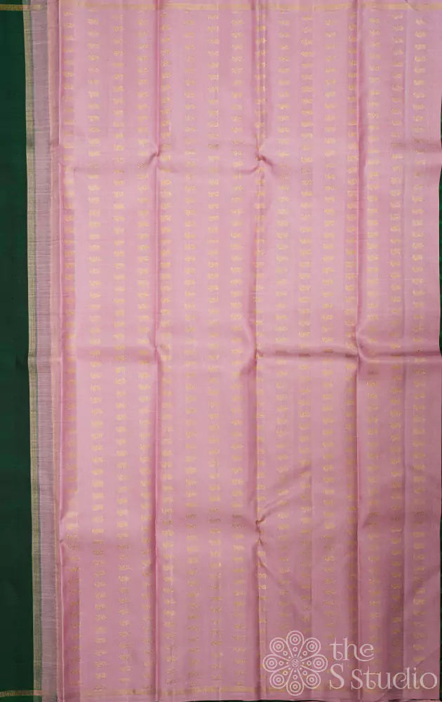 Bottle green plain kanchi silk saree with pink pallu