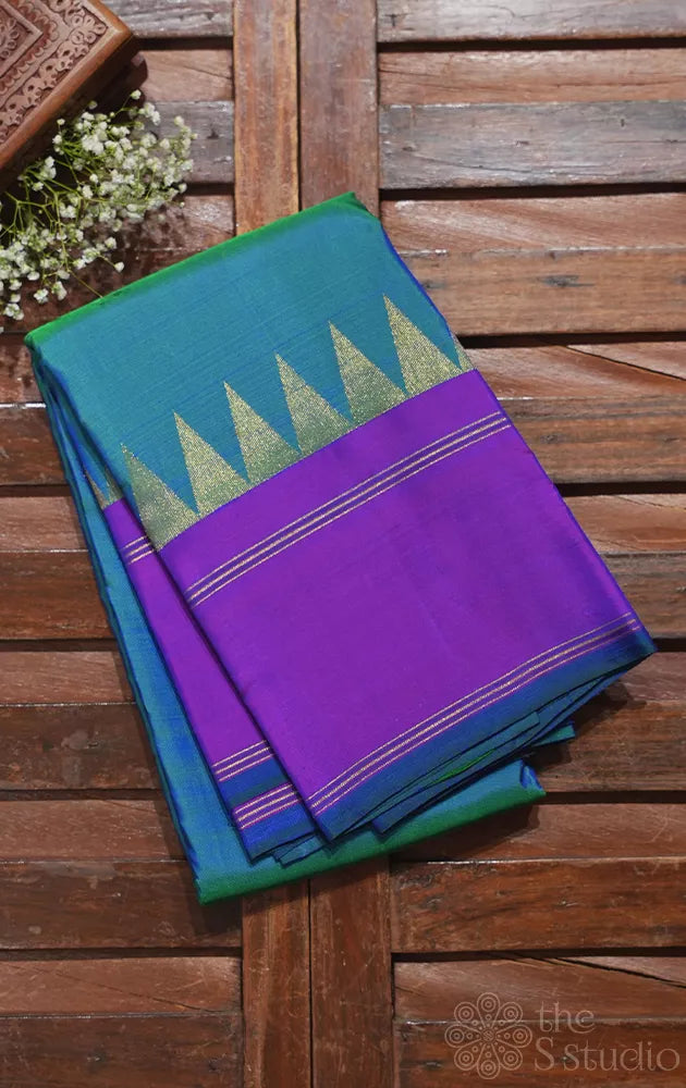 Peacock blue kanchipuram silk saree with temple border