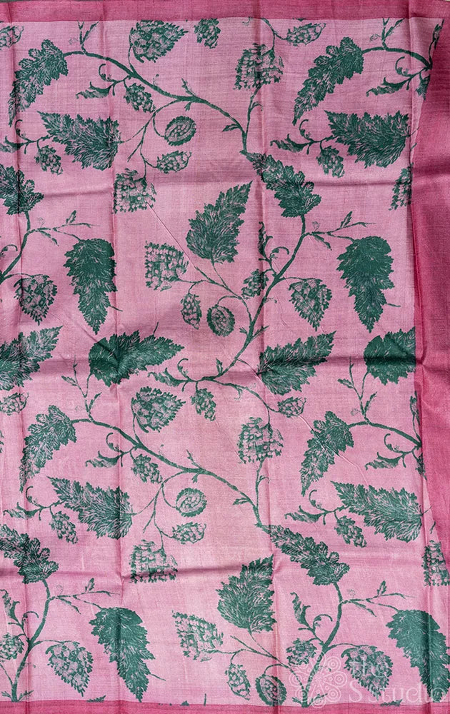 Pink tussar silk saree with green leaf prints