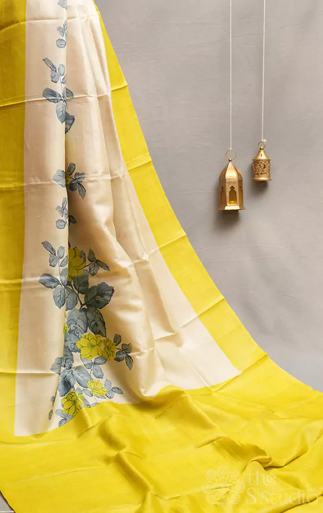 Off-white tussar silk saree with grey floral prints
