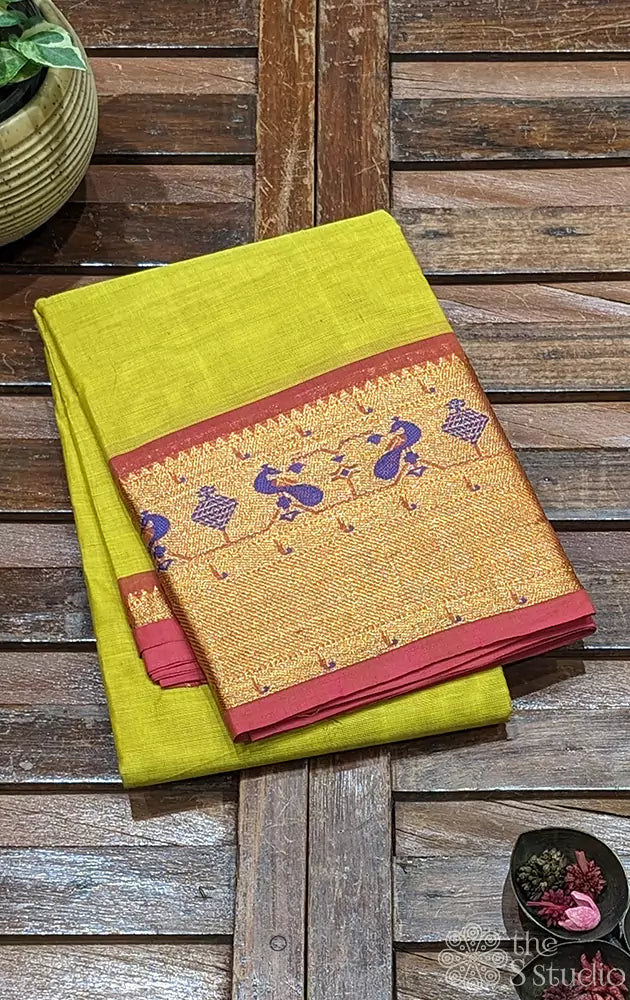 Lime yellow  kanchi cotton saree with zari paithani style border