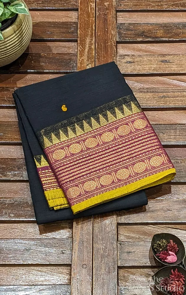 Black kanchi cotton saree with maroon zari border