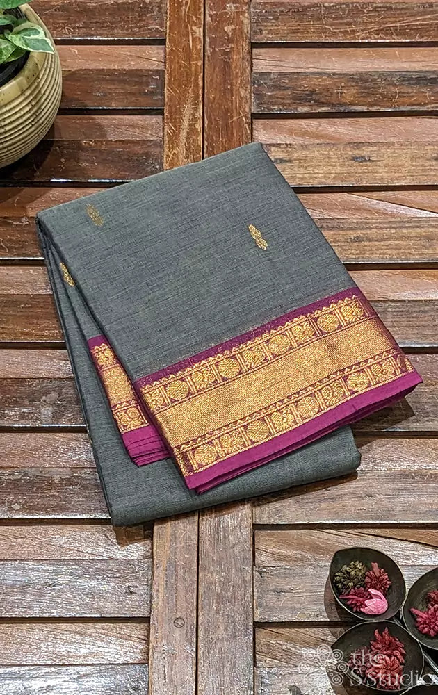 Grey Kanchi cotton saree with magenta zari border