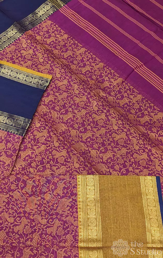 Dark magenta vanasingaram  kanchi cotton saree with ganga jamuna rettapet border