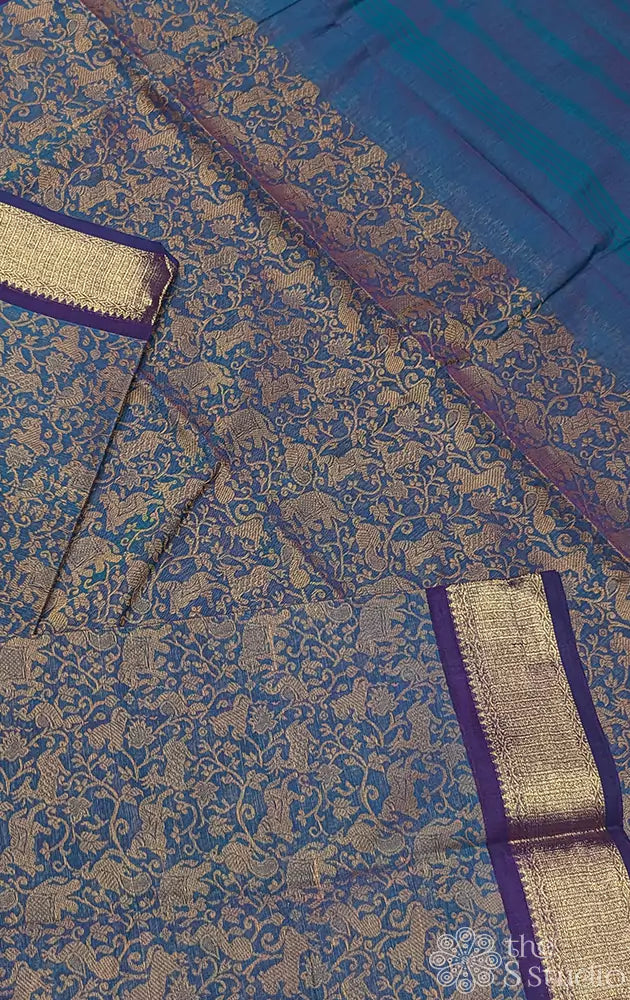Peacock blue  vanasingaram kanchi cotton saree with zari border