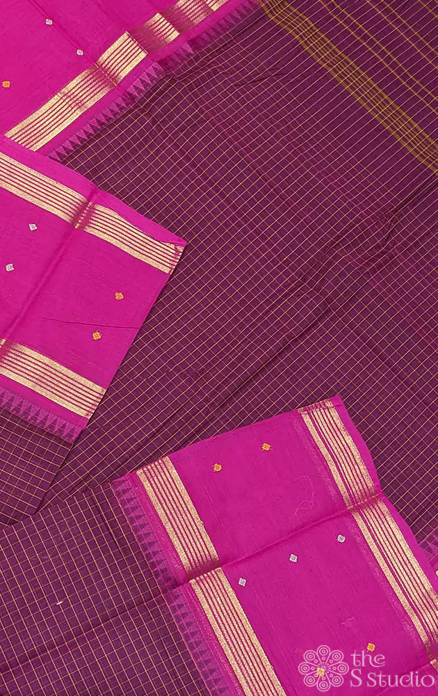 Checked burgundy saree with rani  pink rettaipet border