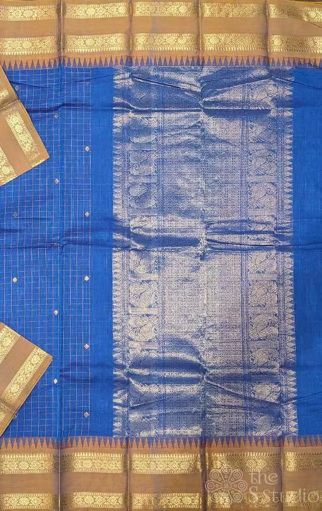 Blue kanchi cotton saree with rettaipet border