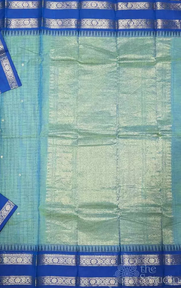 Light green kanchi cotton saree with blue rettaipet border