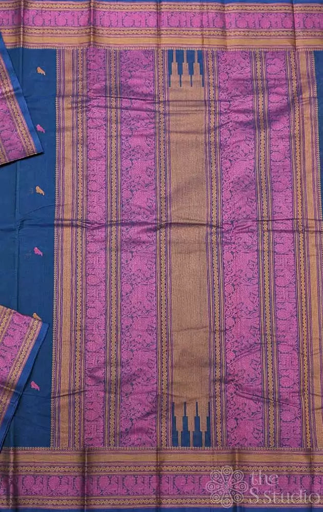 Blue kanchi cotton saree with threadwork border