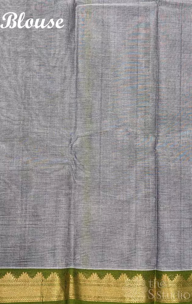 Grey checked kanchi cotton saree with green small border