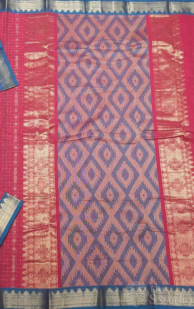 Pinkish red kanchi cotton saree with blue small border