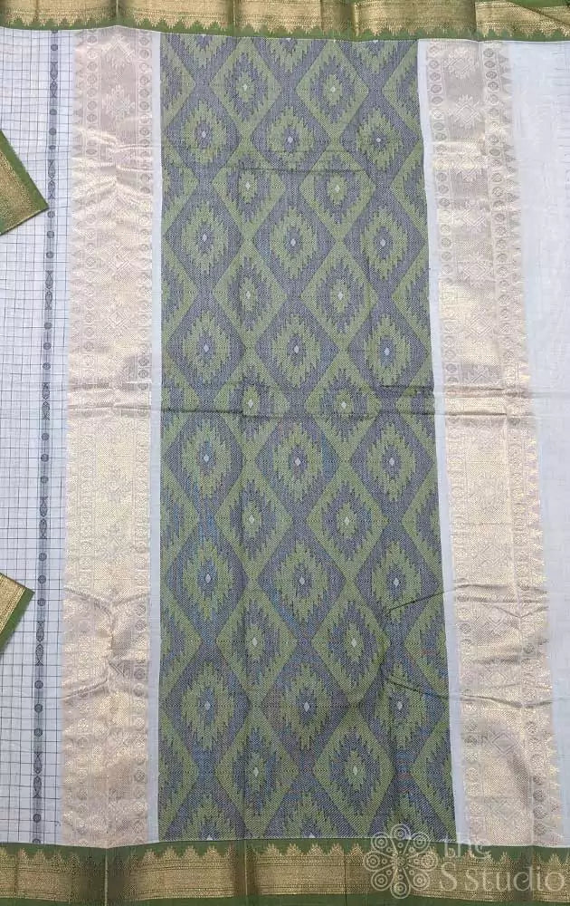 Off white kanchi cotton saree with green small border