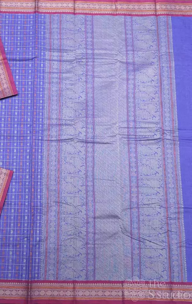 Lavender checked kanchi cotton saree with small border