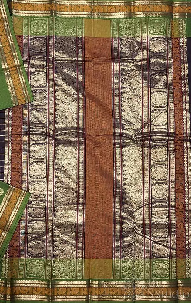 Dark brown checked kanchi cotton saree with green border