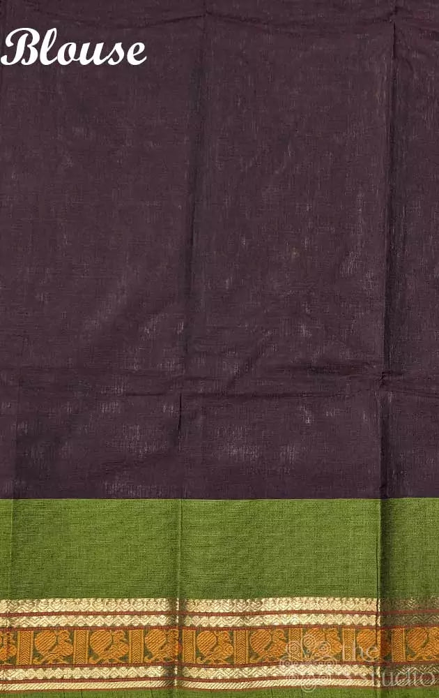 Dark brown checked kanchi cotton saree with green border