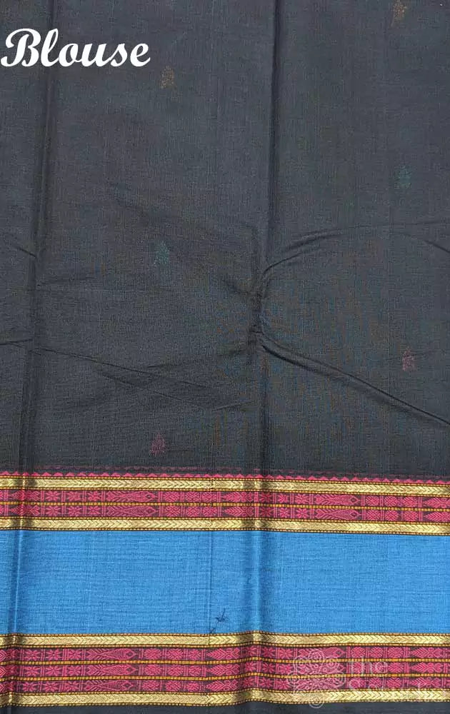 Black kanchi cotton saree with threadwork contrast border