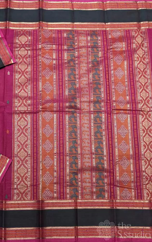 Pinkish red kanchi cotton saree with threadwork contrast border