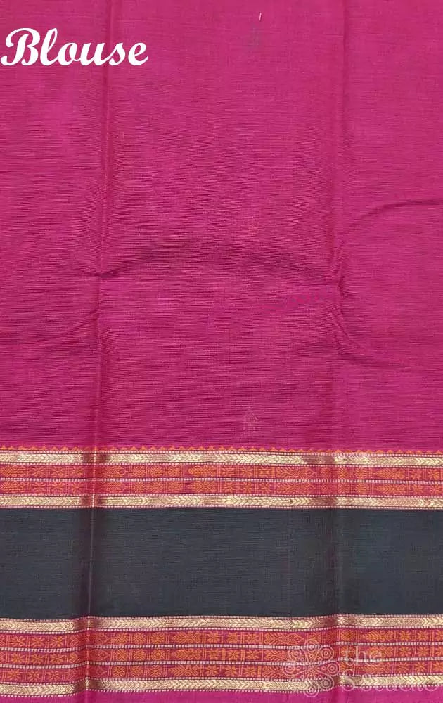 Pinkish red kanchi cotton saree with threadwork contrast border