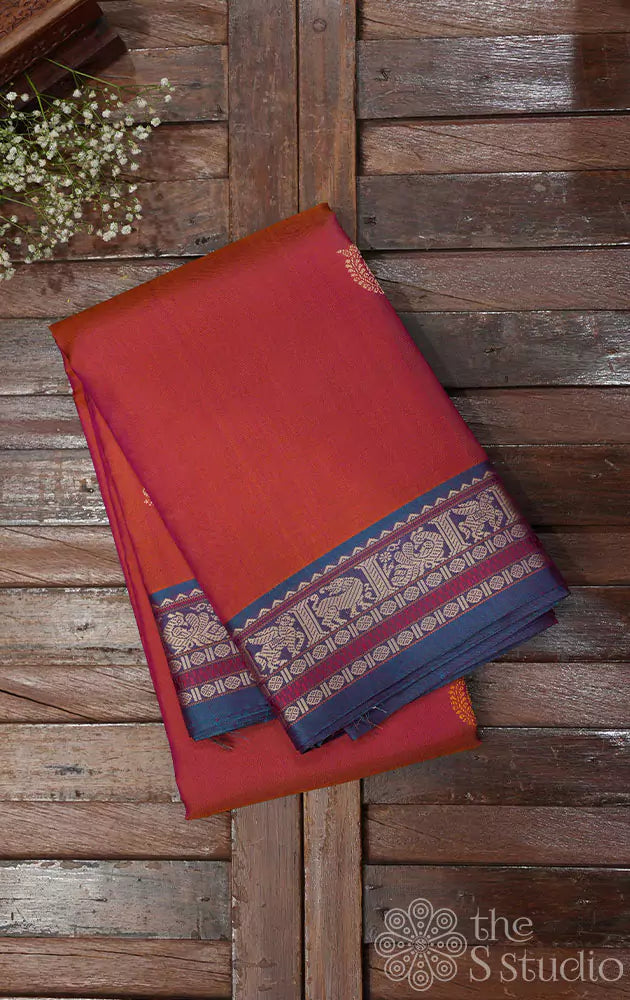 Peachish pink kanchi silk saree with threadwork