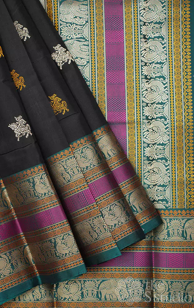 Black threadwork kanchipuram silk saree with magenta and peacock blue border