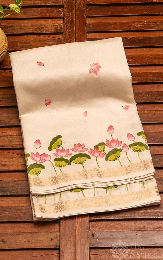 White maheshwari silk cotton saree with handpainted pichwai designs