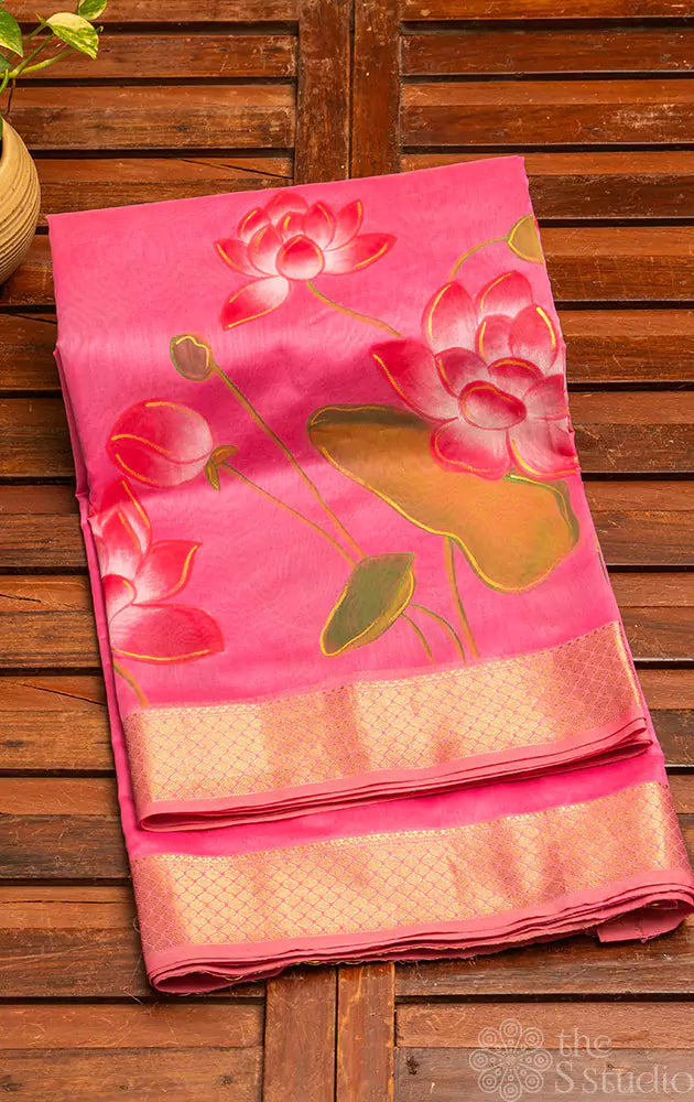 Pink maheshwari silk cotton saree with handpainted floral prints