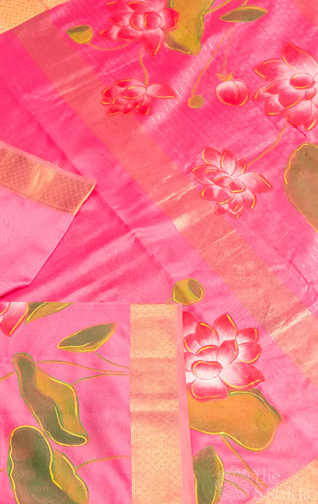 Pink maheshwari silk cotton saree with handpainted floral design