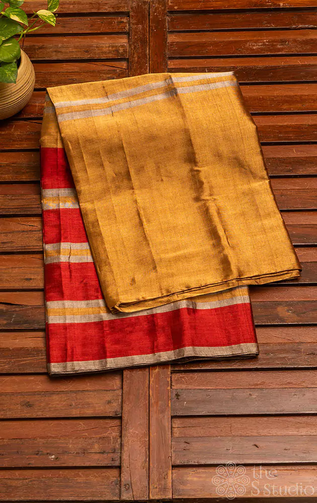 Gold chanderi tissue silk saree with red stripes