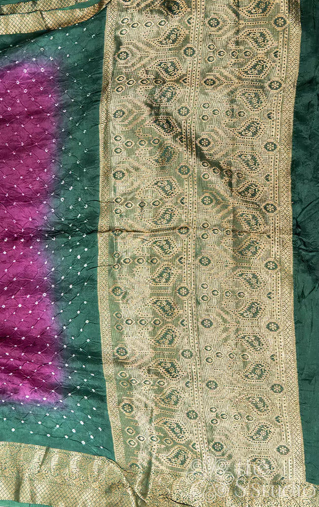 Purple bandhini saree with green banarasi style border