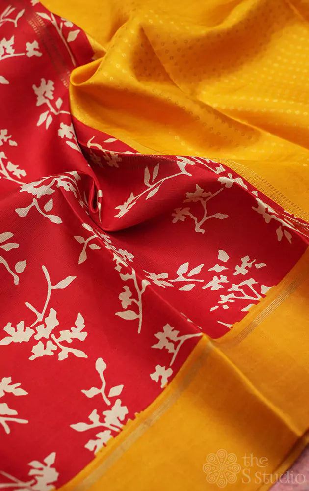 Red floral digital printed kanchi silk saree with mustard border