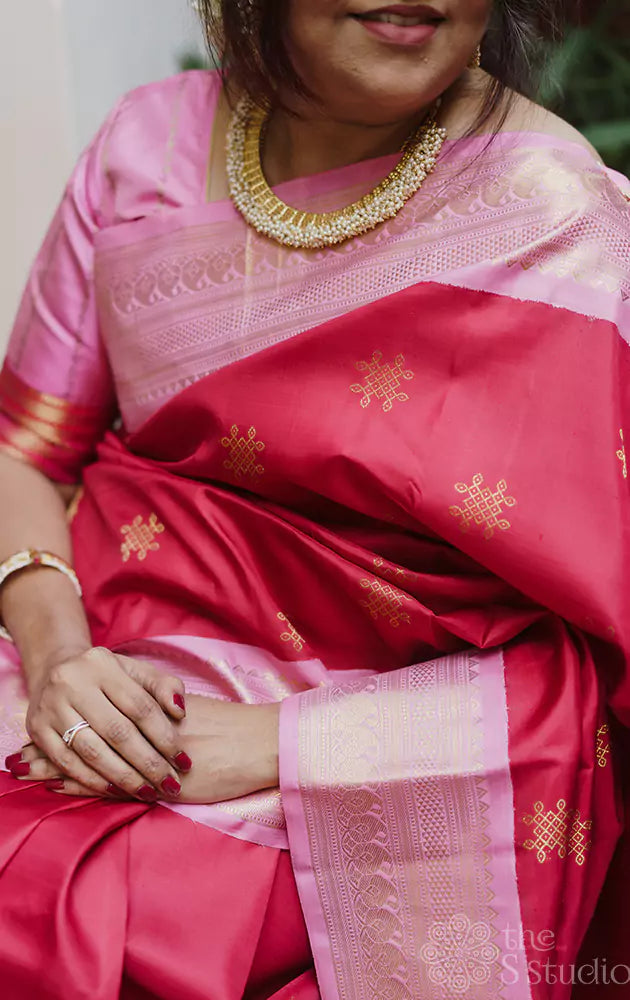 Red Kanchipuram silk saree with pink border