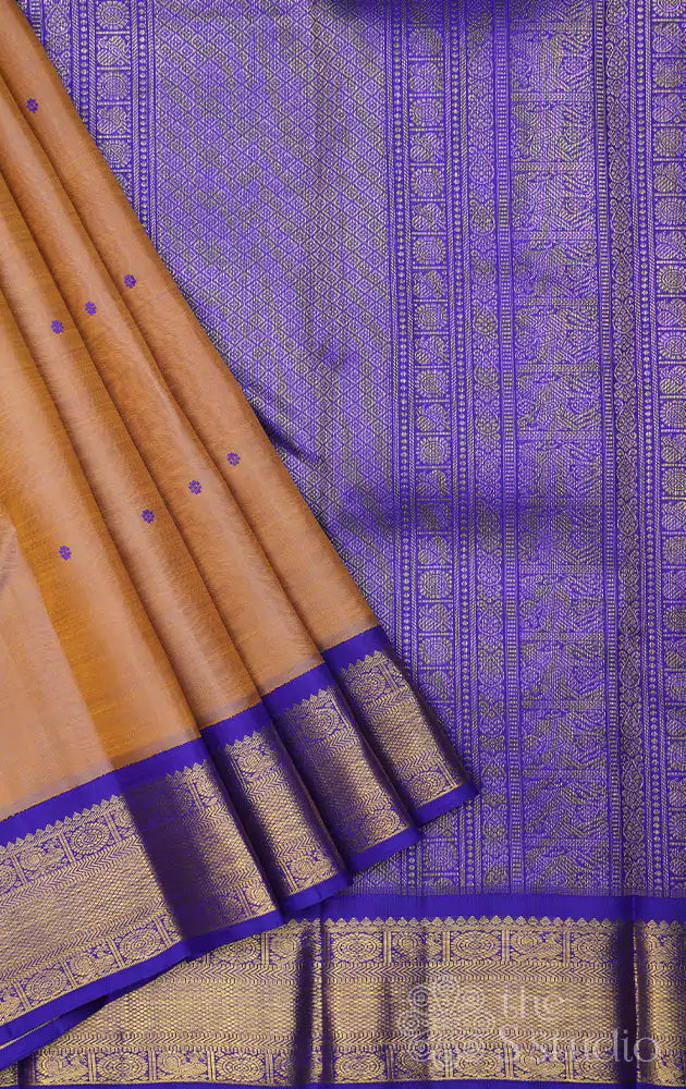 Biscuit brown kanchi silk saree with thread buttas and korvai border