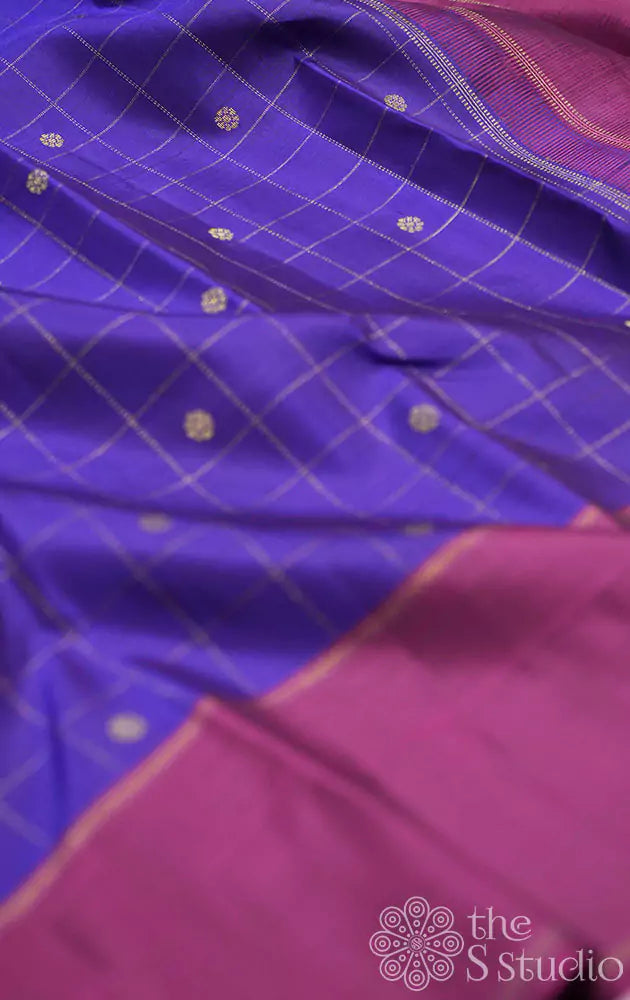 Deep blue zari checked kanchipuram silk saree with magenta border