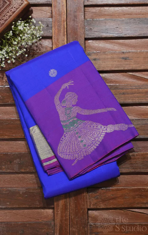 Royal blue kanjivaram silk saree with purple dancing lady border