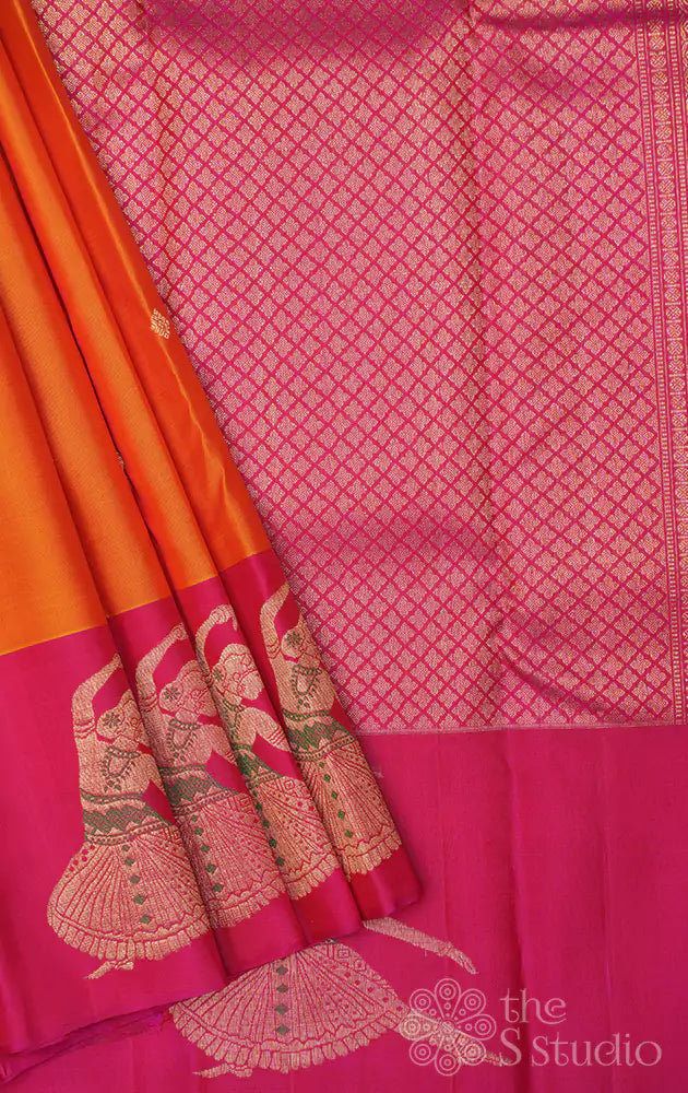 Mustard kanchi silk saree with rani pink dancing lady border