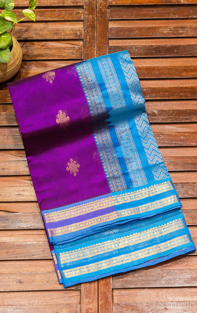 Purple silk cotton ten yards saree with kolam butta 