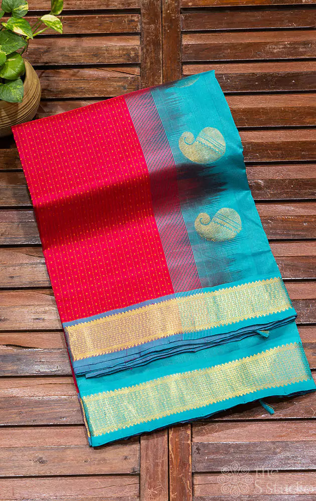 Rani pink threadwork silk cotton ten yards saree with blue border