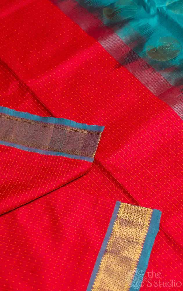 Rani pink threadwork silk cotton ten yards saree with blue border