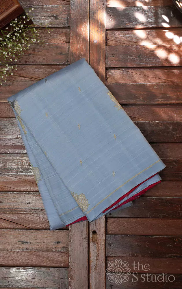 Grey kanchipuram silk saree with pichwai cow zari motifs