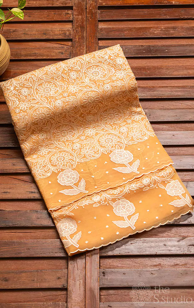 Sandal yellow organza saree with embroidery