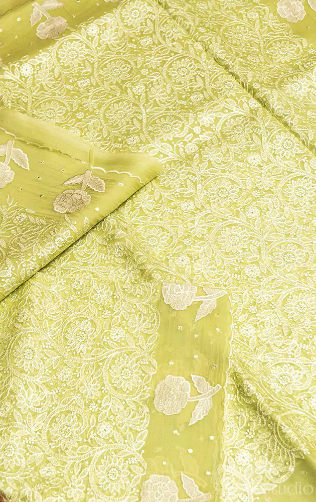 Light green organza saree with floral embroidery